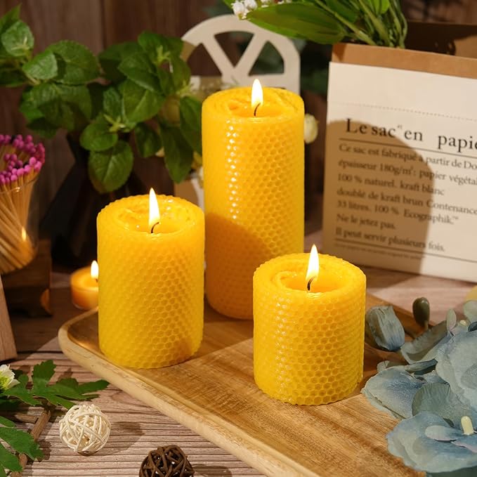 3 Pack Beeswax Pillar Candles Set,100 Hours All Natural Beeswax Rolled Candles 2.8" Width 3" 4" 6" Height 100% Pure Unscented Honeycomb Bees Wax Candle for Home, Wedding, Meditation
