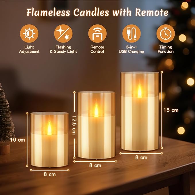 3PC Rechargeable Led Candles, Flameless Flickering with Remote & Timer, with Real Wax Candle in Glass Warm Color Light, Lasting for 200+ Hours for Festival, Party, Bedroom, Living Room Decor, Amber