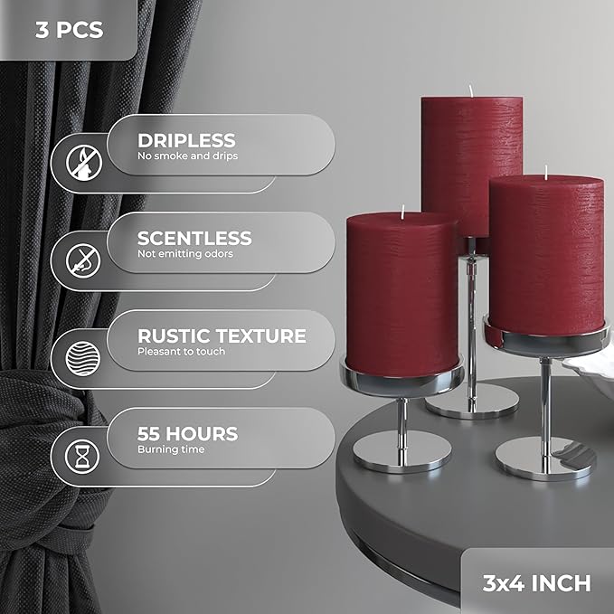CANDWAX 3x4 inch Pillar Candles Set of 3 – Unscented Dripless Rustic Burgundy Candles for Weddings, Decor, Centerpieces