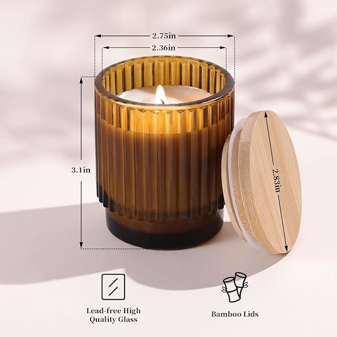 DEVI 7oz Empty Amber Ribbed Glass Candle Jars for Making Candles Set of 8, Glass Candle Jars with Bamboo Lids, Bulk Empty Candle Containers, Candle Tins Making Supplies for Gifts, Home Shelf Decor