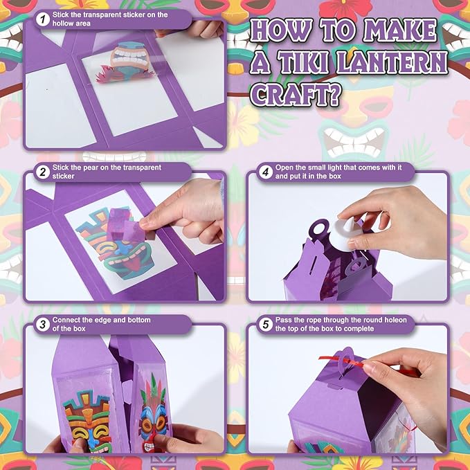 Simgoing 24 Sets Tiki Crafts with LED Candle Light Hawaii Party Decors Tiki Tissue Paper Crafts Kits DIY Your Own Tropical Totem Box Lanterns Hanging for Home Summer Luau Themed Art Party Decorations