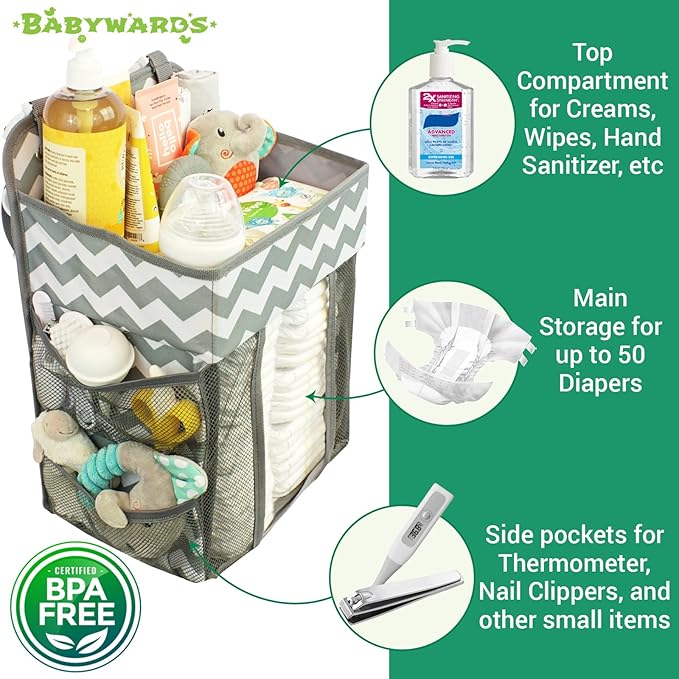 Hanging Diaper Caddy Organizer - Large Nursery Storage for Essential Newborn Baby Items - 2 Compartments, 3 Mesh Pockets - Durable Hooks to Hang on Bassinet, Changing Table, Crib