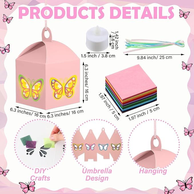 Simgoing 12 Sets Butterfly Crafts with LED Lights Butterfly Tissue Paper Crafts Kits DIY Hanging Suncatchers Lanterns Kits for Window Decor Spring Party Favor Art Activities