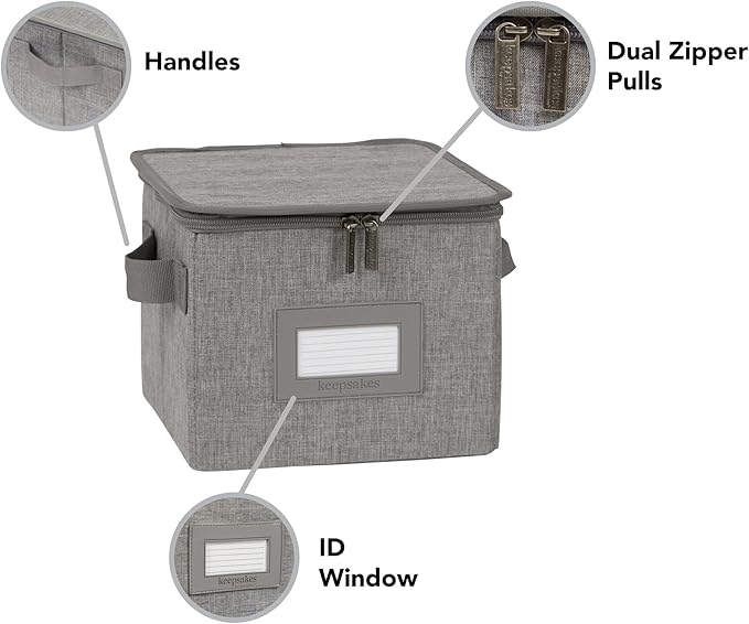 Covermates Dish Storage Box – China & Dinner Plate Storage Container with Dual Zippers, Reinforced Handles, ID Window & Stackable Structured Walls for Dishware Organization, Grey Heather