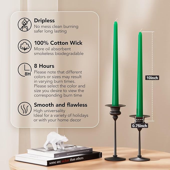 10-Inch Tall Dripless Taper Candles Set of 4 - Emerald Tapered Candles, Perfect for Spring - Smokeless, Unscented, Long Burning - Hand Poured, Colored Tall Candlesticks - Jade