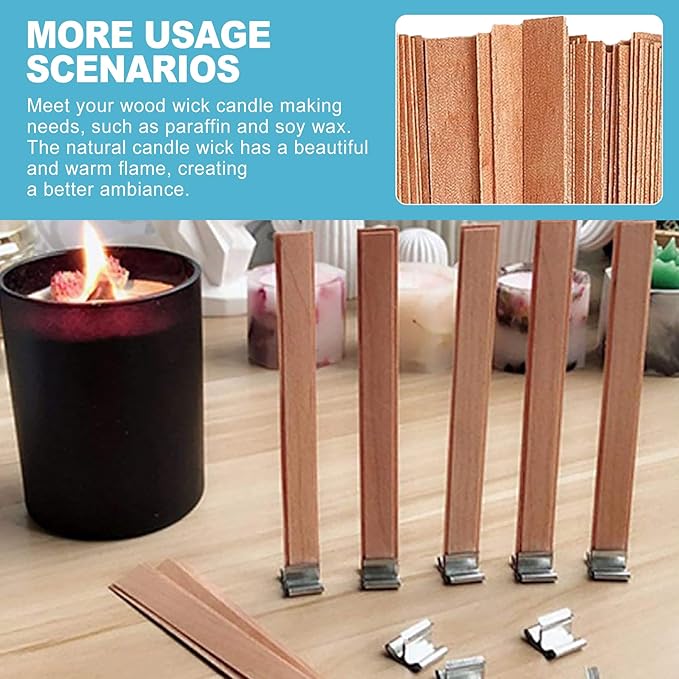 CoguZed 50-Piece Wooden Candle Wicks with Iron Stand and Glue Dots (Suitable for Paraffin and Soy Wax)