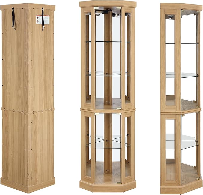 69" H Lighted Curio Cabinet Corner Display Case,Corner Glass Cabinets with Tempered Glass Door and Adjustable Shelves,Wooden Curio Cabinet with Mirrored Back Pane (Style 2 - Light Oak)