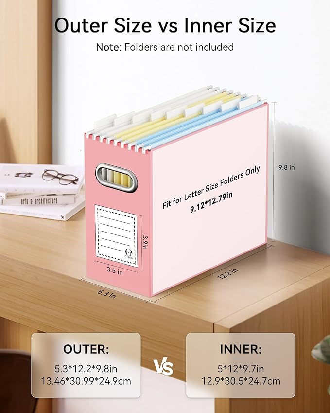 Oterri File Organizer Box, Portable Collapsible Cardboard File Folder Organizer with Handle for Letter Size Hanging Files, Document Storage Box for Home Office & Classroom (6 Packs, Pink)