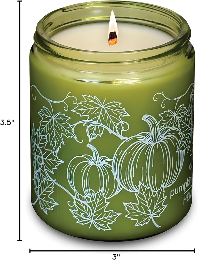 Hemlock Park Green Glass Wood Wick Candle Handcrafted with Natural Coconut Wax (Standard 8 oz, Pumpkin Crème)