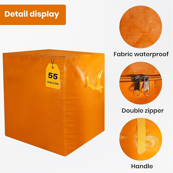 2 Pack 55-Gallon Heavy Duty Moving Bags, Large Storage Totes with Zipper, Alternative to Moving Boxes for Storage, Seasonal Clothes, Student Moving, College Dorm (Orange)