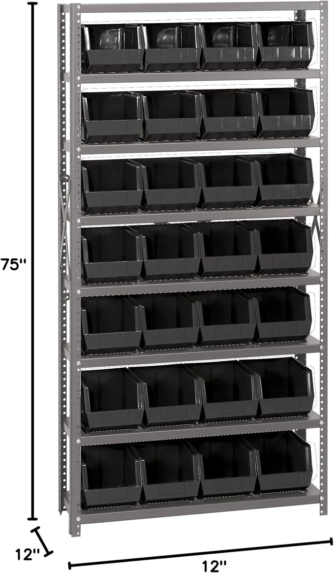 Quantum Storage Systems QSBU-239BK Giant Open Hopper Steel Shelving System, 12" D x 36" W x 75" H, with 8 Shelves and 28 QUS239 Bins, Black