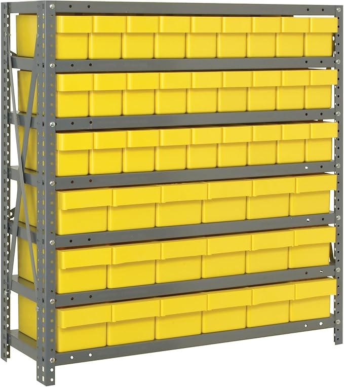Quantum 1839-624YL Heavy Duty Shelving Unit with (7) Shelves and (27) Yellow QSB108 and (18) QED602 Bins for Storage Distribution | 400 lb Load Capacity | 18"D x 36"L x 39"H, Galvanized Carbon Steel