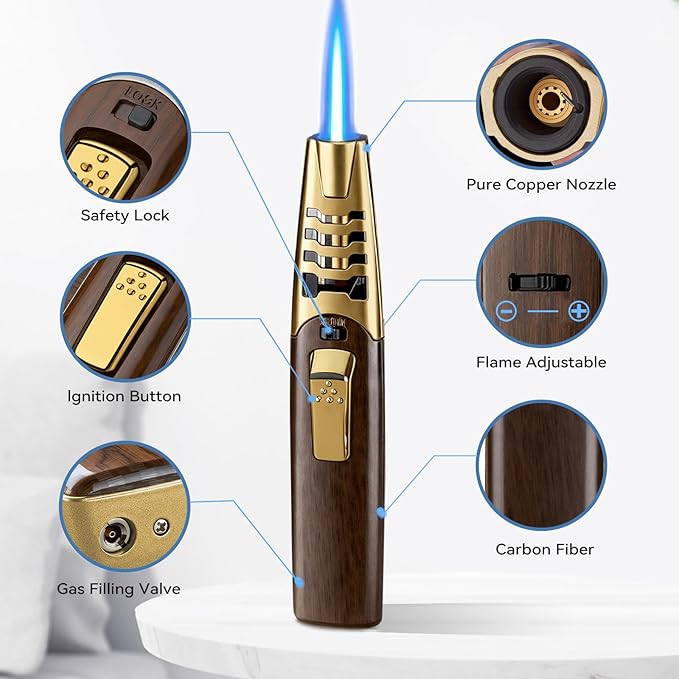 Torch Lighter, Butane Lighter, Adjustable Big Jet Flame Butane Torch, Windproof Refillable Gas Long Torch Lighter with Safety Lock for Candle Grill Camping BBQ Kitchen Soldering, Gas Not Included