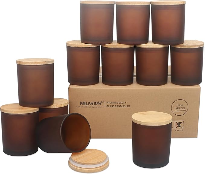 MILIVIXAY 12 Pack 10 OZ Frosted Amber Thick Glass Candle Jar with Lids - Bulk Empty Candle Jars for Making Candles - Spice, Powder Containers.