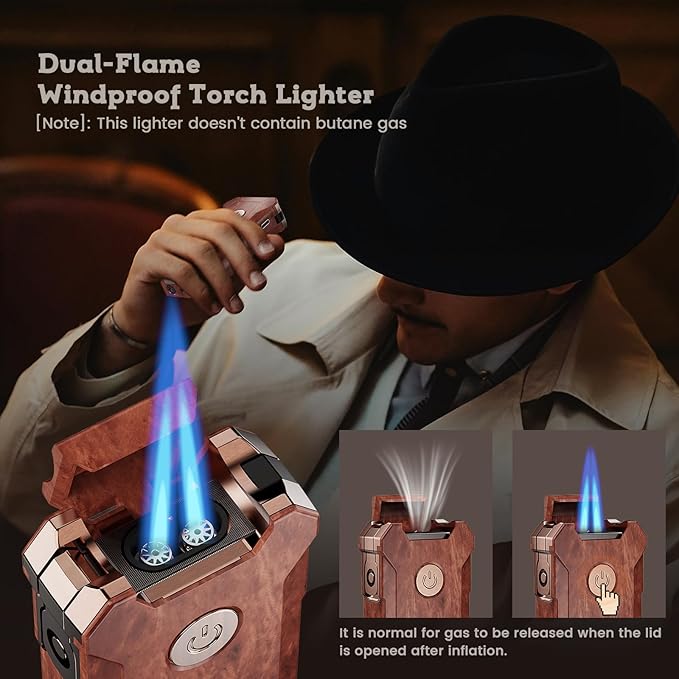 5-in-1 Torch Lighter with Tool, Holder, Punch, Draw Enhancer Tool, Double Jet Flame, Windproof Rechargeable Lighters, Versatile Gifts for Men, Refillable Butane Lighter for Candles, Travel
