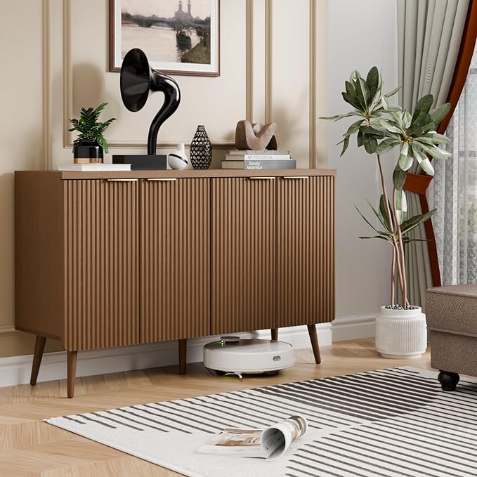 47.2" Sideboard Buffet Cabinet with Storage, Modern Fluted Accent Credenza with 4 Doors, Buffet Media Console Entryway Cabinets with Adjustable Shelves for Living Dining Room Hallway, Walnut