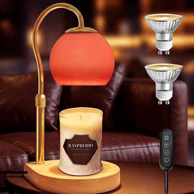 Candle Warmer Lamp with Timer 2H/4H/8H, Adjustable Height Dimmable Candle Lamp with 2 Bulbs, Wax Melt Warmer for Jar Candles, House Warming, Home Decor, Christmas Gifts for Women, Mom(Red)