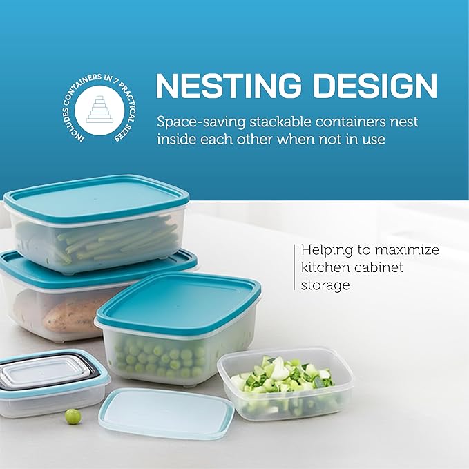7 Piece Food Storage Container Set with Airtight Lids & BPA-Free Plastic, Stackable Rectangular Nesting Boxes for Meal Prep - Microwave & Dishwasher Safe - Turquoise Blue - 2.5 Pounds