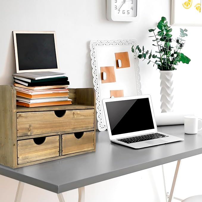 Besti Wooden Office Desk Organizer - Organizing Tool for Desktop, Cubicle, Bedroom, Kitchen - Vintage Style Organization Caddy with Top Tray Shelf & 3 Drawers - 13.6x9x7 Inches (Rustic Burnt)
