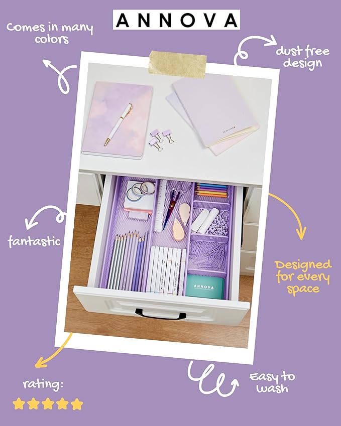 Annova Desk Top Organizer/Storage Tray - Metal Mesh with Dividers for Pens, Desktop Accessories, Bathroom, Kitchen, Makeup and Office Supplies (Large, Light Purple)