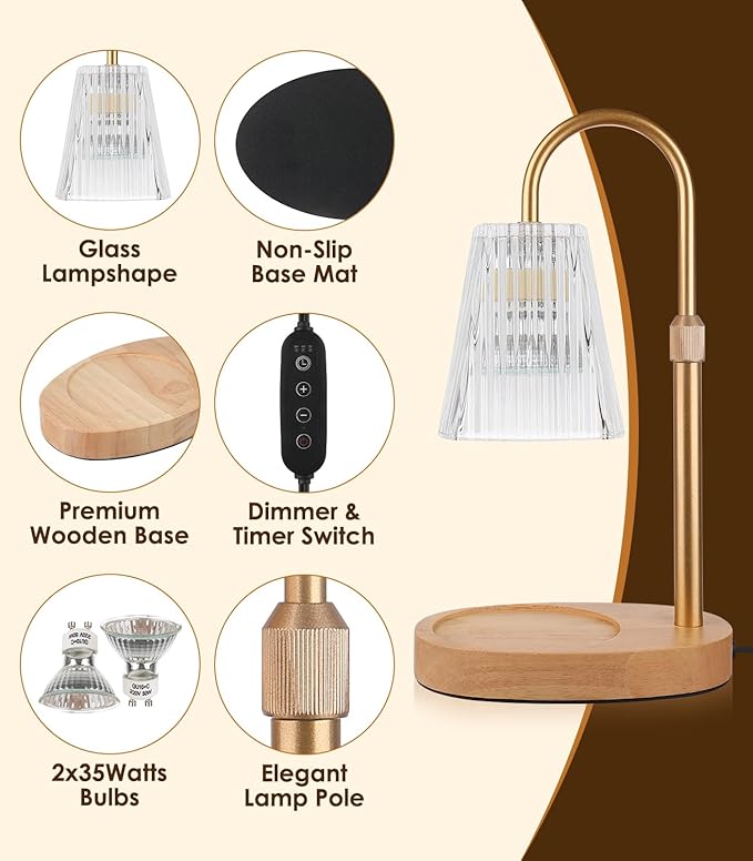 Vanranger Candle Warmer Lamp with Timer - Electric Dimmer and Adjustable Height for Small Jar Scented Wax Melts - Includes 2 Bulbs for Home Birthday