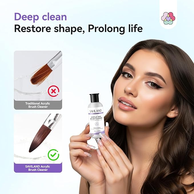 SAVILAND Advanced Acrylic Brush Cleaner: 3-Minute Deep Clean & Conditioning Liquid with Dappen Dish, Plant-Based Acrylic Nail Brush Cleaner and Preserver for Manicure Tools Home DIY & Salon Use, 60ml