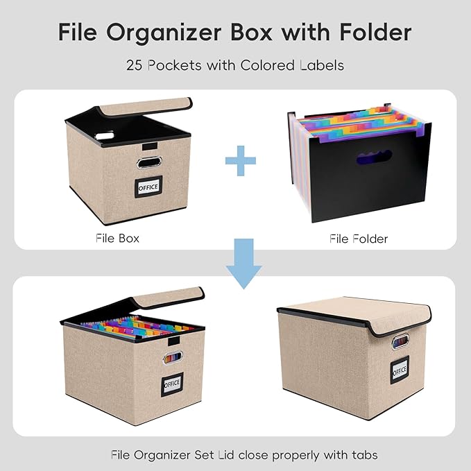 File Organizer Box with 25-Pocket Accordion Folder, File Folder & Protective Lid - Document Storage for Home, Office, School, Khaki