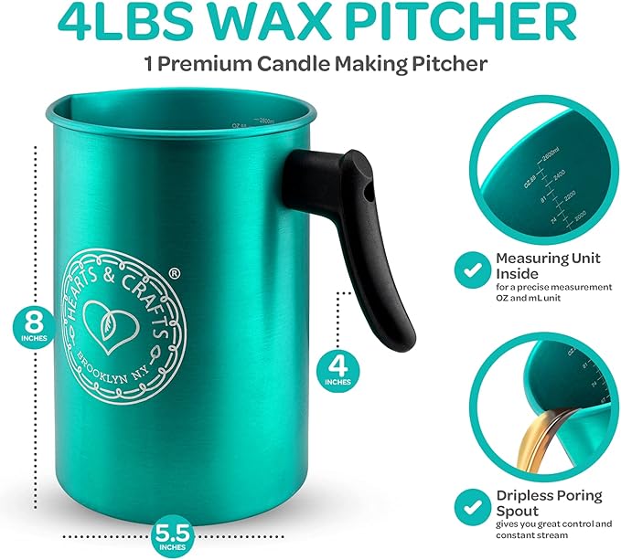 Hearts & Crafts Candle Pots, 64oz. Aluminum Candle Pouring Pitcher - Candle Making Pouring Pot for 4lb. Melted Wax, Teal Color - Best for Candles, Arts & Crafts, and More