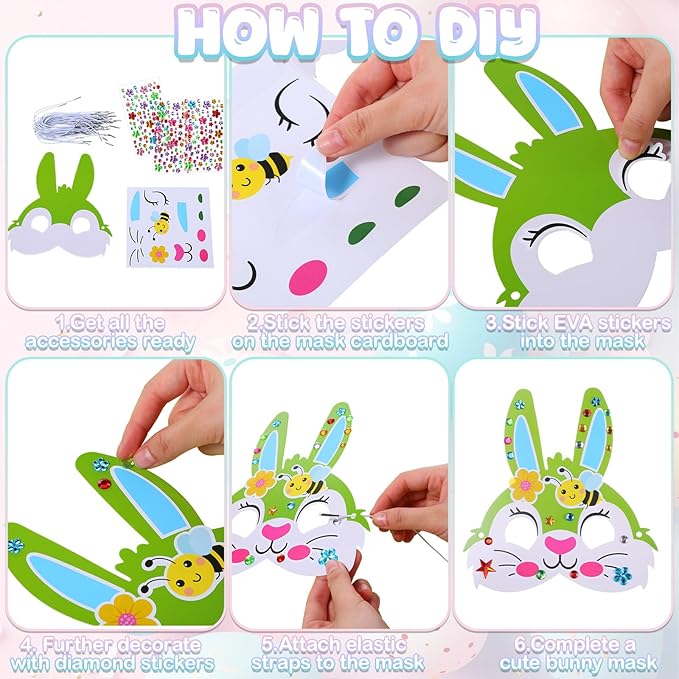 Funrous 48 Sets Easter Crafts Kit Easter Bunny Mask Paper Crafts Bulk DIY Make Your Own Rabbit Face Mask Activity Arts with Foam and Diamond Stickers Spring Classroom Gifts Project Party Favors