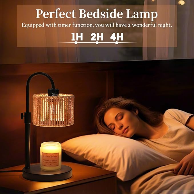 FINCMY Boho Candle Warmer Lamp, Adjustable Height Candle Wax Warmer with Timer, Candle Lamp Warmer for Jar Candles, House Warming Gifts Brithday Gifts for Women Bedroom Home Decor (Rattan)