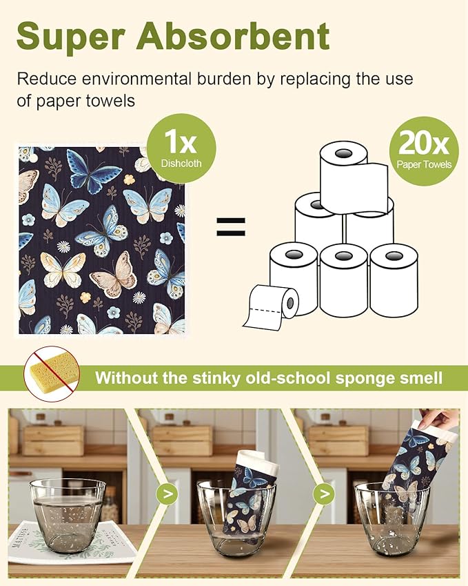 Miss Adola 8 Pack Reusable Kitchen Swedish Dishcloths for Washing Dishes Cloths Absorbent Fast Drying Cleaning Sponge Cute Decorate Washable Swedish Towels, Butterfly