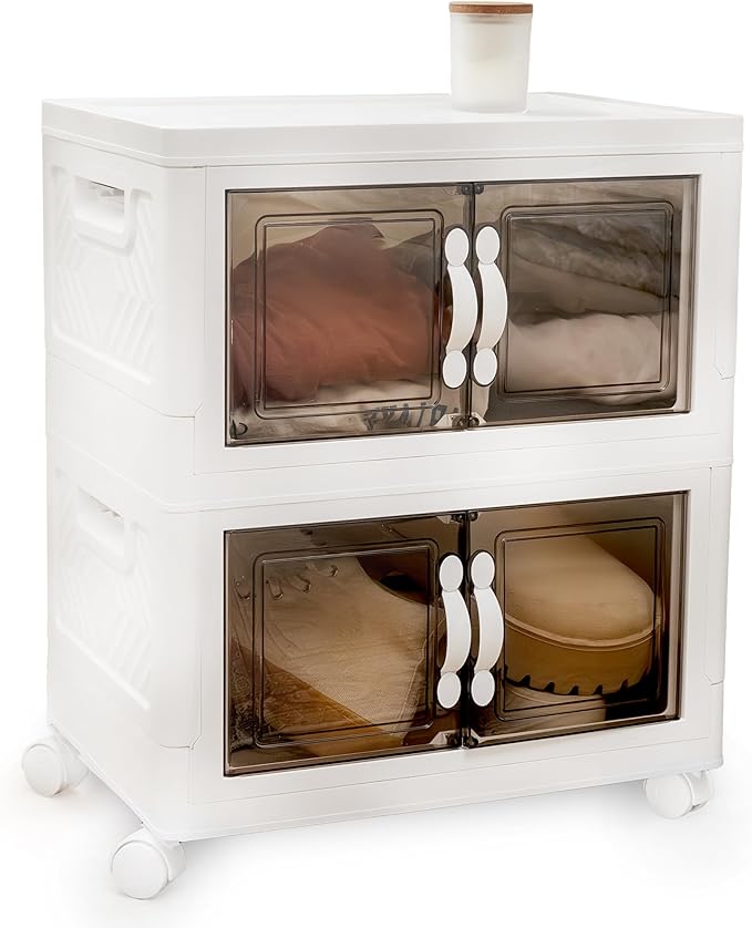 DALMAN 26QT Stackable Storage Bins with Lids -2 Tier Wheeled Shelf Organizer Plastic Containers with Lids – Multipurpose Storage and Organization Shelving Unit with Magnetic Closure
