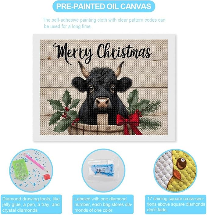 AIVKIEJK Diamond Painting Kits for Adults - Highland Cow Merry Christmas Painting DIY 5D Full Drill Diamond Dots Paintings with Diamonds Gem Art and Crafts Home Decor 12"x16"