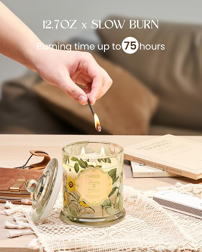 M&SENSE Sage Citrus Soy Candles, Natural Organic 2 Wick 12.7oz 75H Long Lasting Slow Burning, Winter Aromatherapy Candle for Stress Relief, Housewarming New Year Gifts