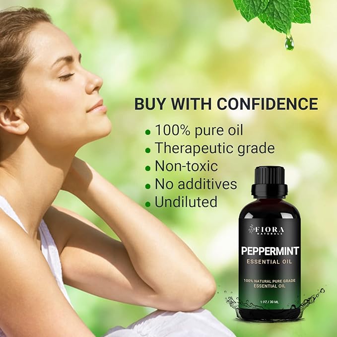 Peppermint Essential Oil by Fiora Naturals - 100% Pure Peppermint Oil for Hair Growth, Skin and Scalp Acne, Diffuser, DIY soap, and Candle Making. Pure Mentha Piperita Oil