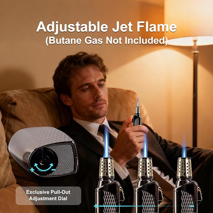 Butane Torch Lighter,Windproof Adjustable Jet Flame with Visible Gas Tank Lighter, Refillable Torch for Candle,BBQ,Camping,Gift for Men(No Butane Included)