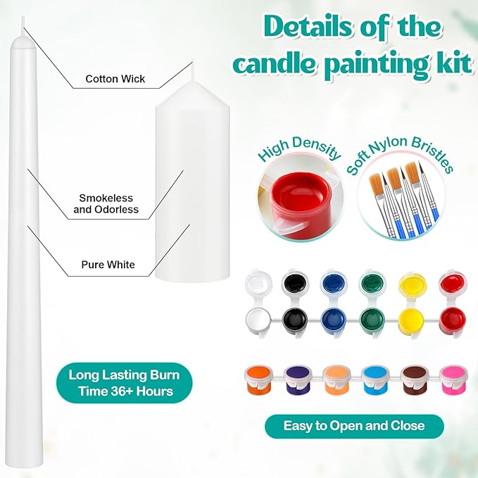 MTLEE 54 Pcs DIY Candle Painting Kit Include White Candles Colorful Acrylic Paint Strips and Paintbrushes for Crafts Making Wedding Birthday Party Centerpiece(Pillar, Taper)