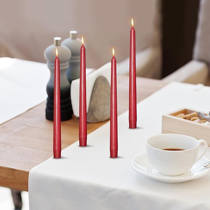 OSHINE 10 Inch Red Taper Candles - 24 Pack Long Taper Candle Dripless Unscented Smokeless & Emergency 7-8 Hours Long Burning Tall Candlesticks Ideal for Dinner Parties, Valentine, Weddings, Kwanzaa