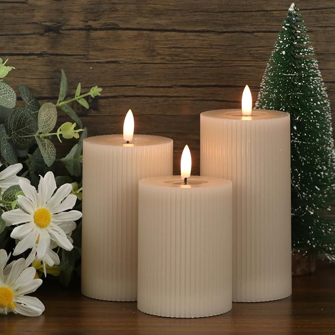 GenSwin Mirror Surface Flameless Candles with Timer, Real Wax LED Pillar Candles Battery Operated with 3D Flame, 3Pcs Stripe Flickering Battery Candles for Christmas Home Decor(Gray, D3” x H5”6”7”)