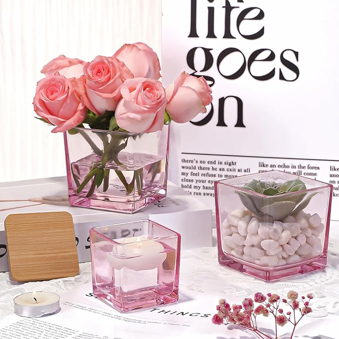 CONNOO 12 Pack 9oz, 3oz Pink Square Candle Jars for Making Candles, Thick Glass Bulk Empty Candle Containers with Airtight Bamboo Lids for Candle Making, Sticky Warning Labels - Dishwasher Safe