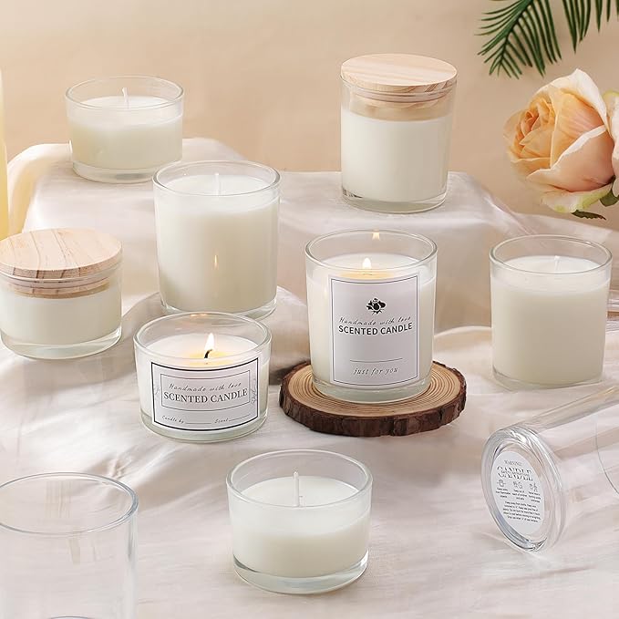 sunnyfuture 16 Pack Clear Candle Jars, 8pcs 7oz + 8pcs 4oz Candle Jars for Making Candles with Wooden Lids and Labels for DIY, Gifts, Home
