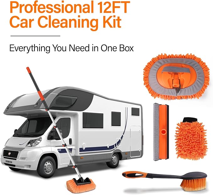 18 FT Reach Car Wash Brush with Long Handle, Car Cleaning Kit with 3-12FT Extension Pole, Soft Bristle Brush, Chenille Microfiber Cleaning Mop&Mitt, Window Squeegee, Wheel Brush for RV, Truck