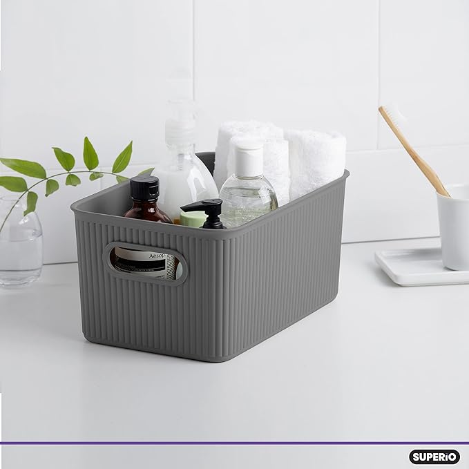 Superio Ribbed Collection - Decorative Plastic Basket Open Home Storage Bins Organizer, Medium Grey (2 Pack) Container Boxes for Organizing Closet Storage Bins for Shelves Drawer Shelf 5 Liter