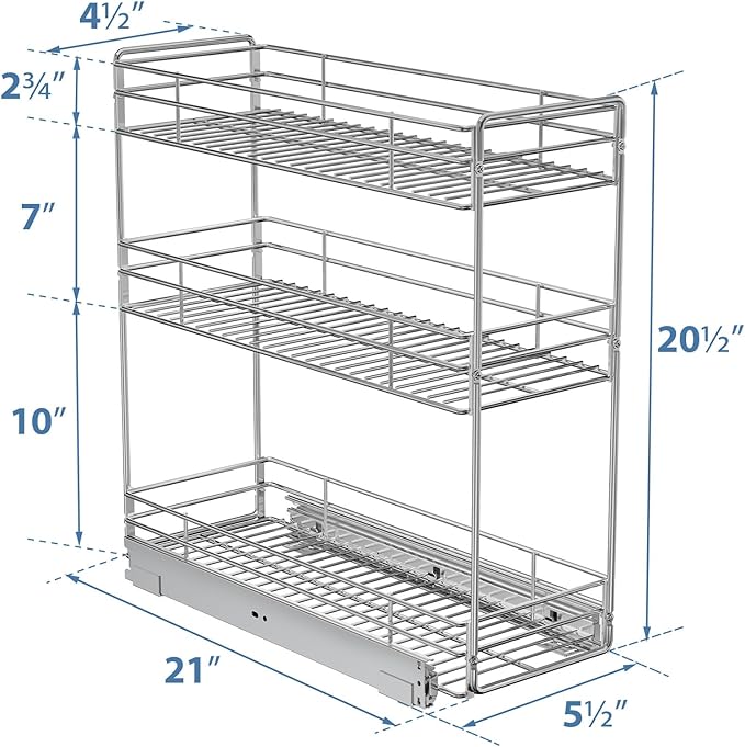 ROOMTEC 3-Tier Pull Out Cabinet Organizer for Narrow Cabinet (5.5" W X 20.5" D), Kitchen Cabinet Organizer and Storage Cabinet Pull Out Shelves Under Cabinet Storage for Kitchen, Chrome