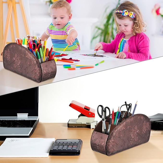 SITHON Remote Control Holder with 5 Compartments - PU Leather Remote Caddy Desktop Organizer Store TV, DVD, Blu-Ray, Media Player, Heater Controllers, Antique