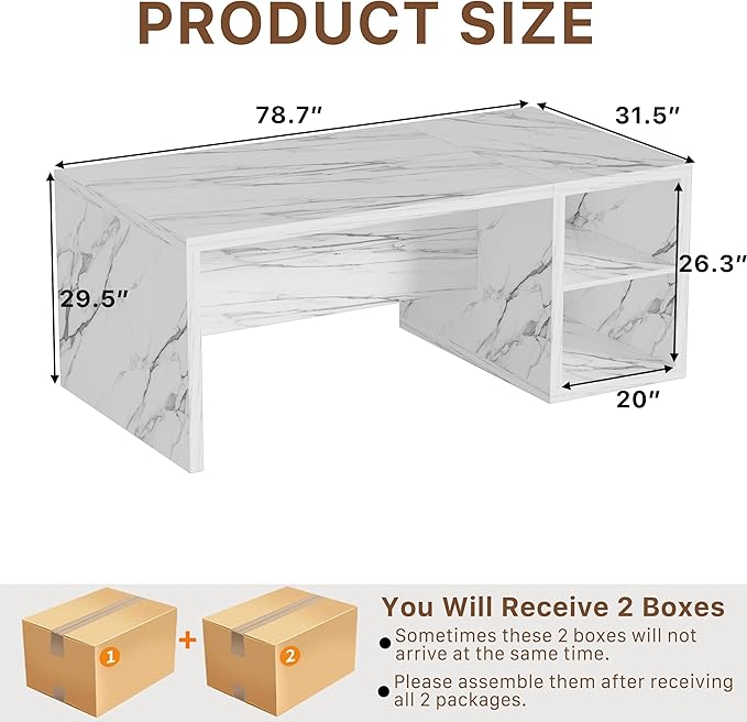 78.7" Large Imitation Marble Kitchen Island with Storage Space,Modern Dining Table with Mini Fridge Space for Kitchen, Dining Room, Home Bar, White