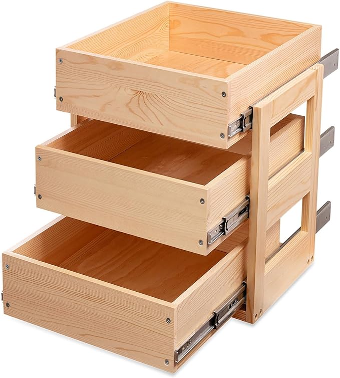 Mulush Pull Out Drawers For Cabinets, 14''W×21''D×19''H Soft Close Slide Out Wood Shelves Storage Organizer for Kitchen, 3-Tier, Finished, Heavy-Duty, Bottom Assembly