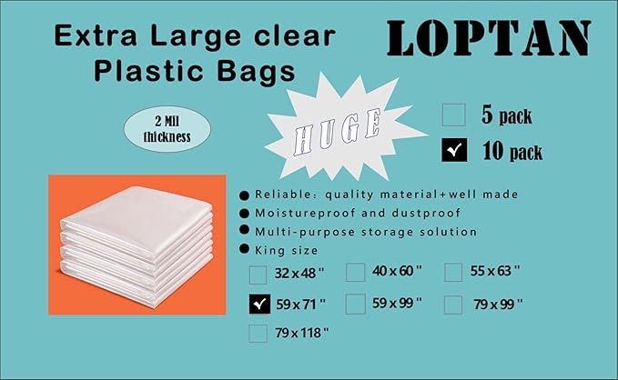 Huge Clear Plastic Bags 59 x 71 Inch Large Storage Bags for Garage, Furniture, Luggage, Home Appliances, Kids Toys, Equipments, Industry or Agriculture Use and More (10 pack)
