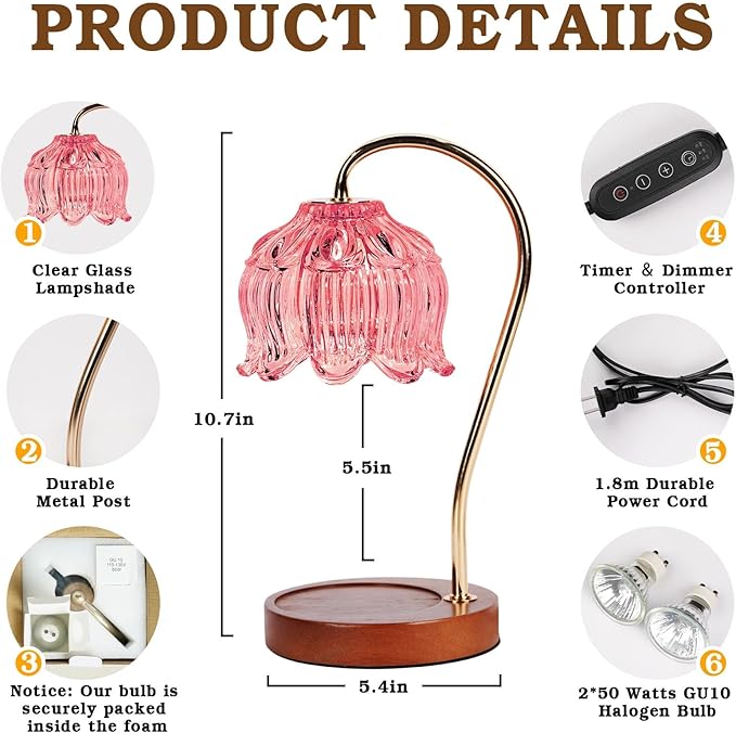 Funistree Pink Candle Warmer Lamp with Timer, Dimmable Candle Lamp Warmer, Birthday Gift Idea for Women Mom Who Have Everything, Mothers Day Birthday Gifts, Lotus Wax Melt Warmer for Jar Candles