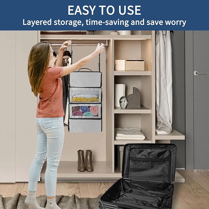 esouler Suitcase Organizer - Hanging Packing Cubes & Portable Collapsible Travel Shelves for Carry-on (Grey, Small)